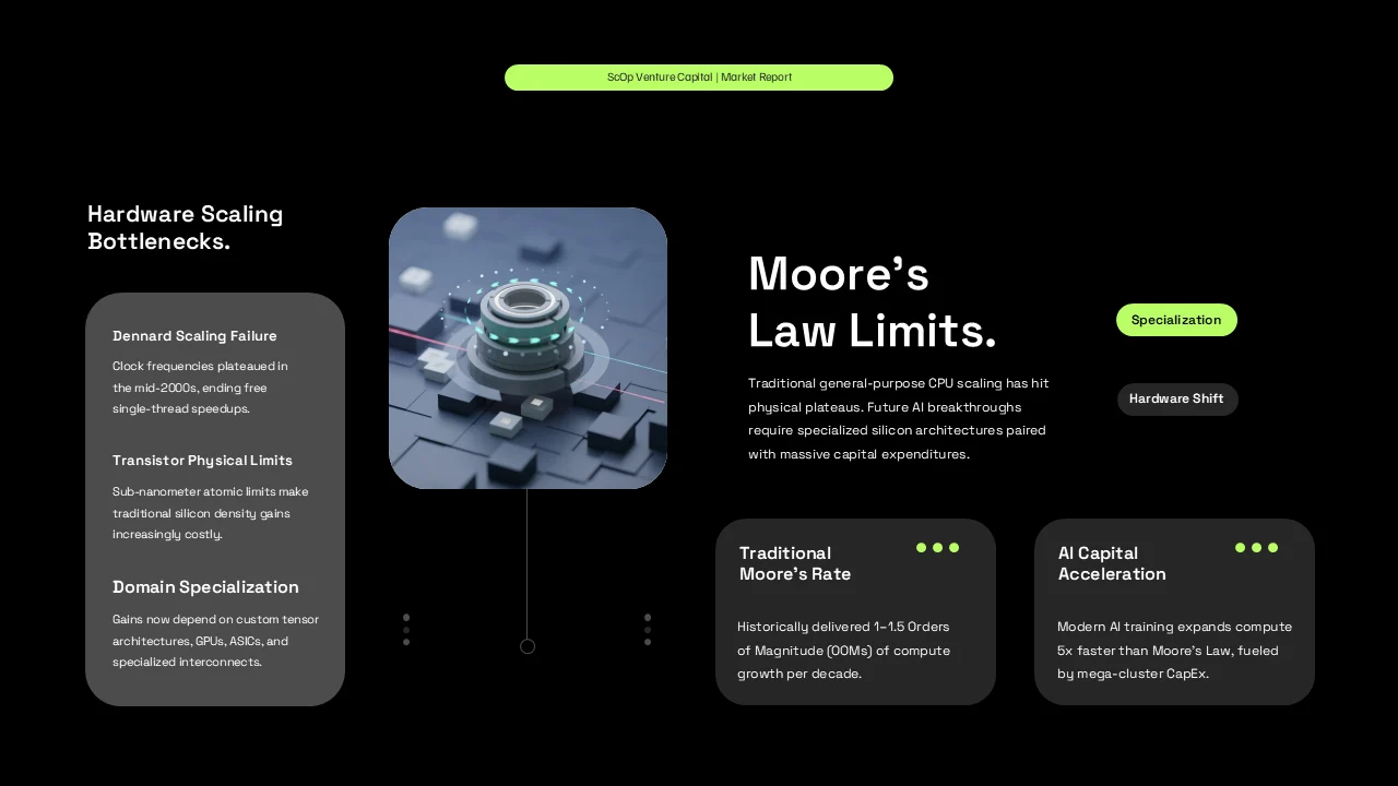 Slide explaining hardware scaling bottlenecks, traditional Moore's law, and AI capital acceleration