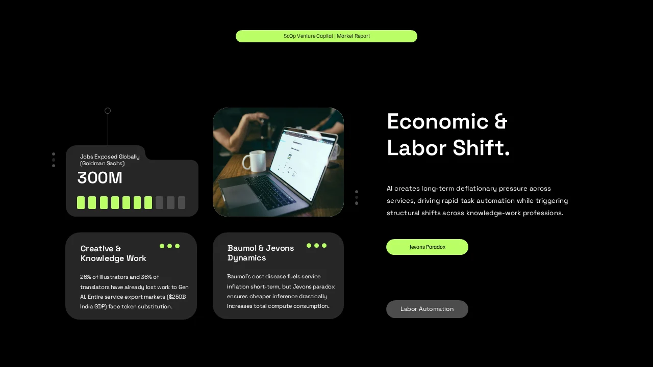 Slide summarizing workforce automation, knowledge work, and labor transition themes