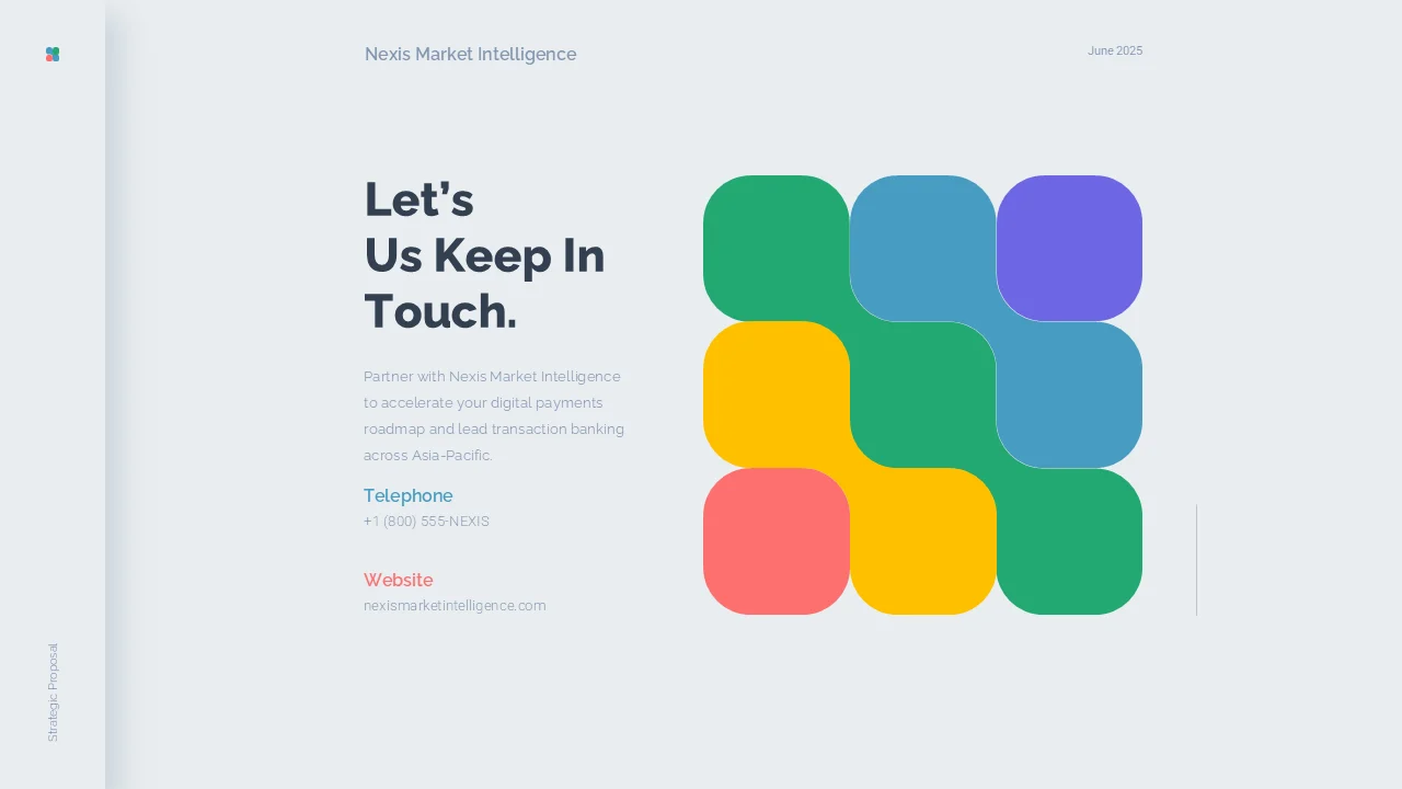Closing slide with contact details and a colorful geometric mark