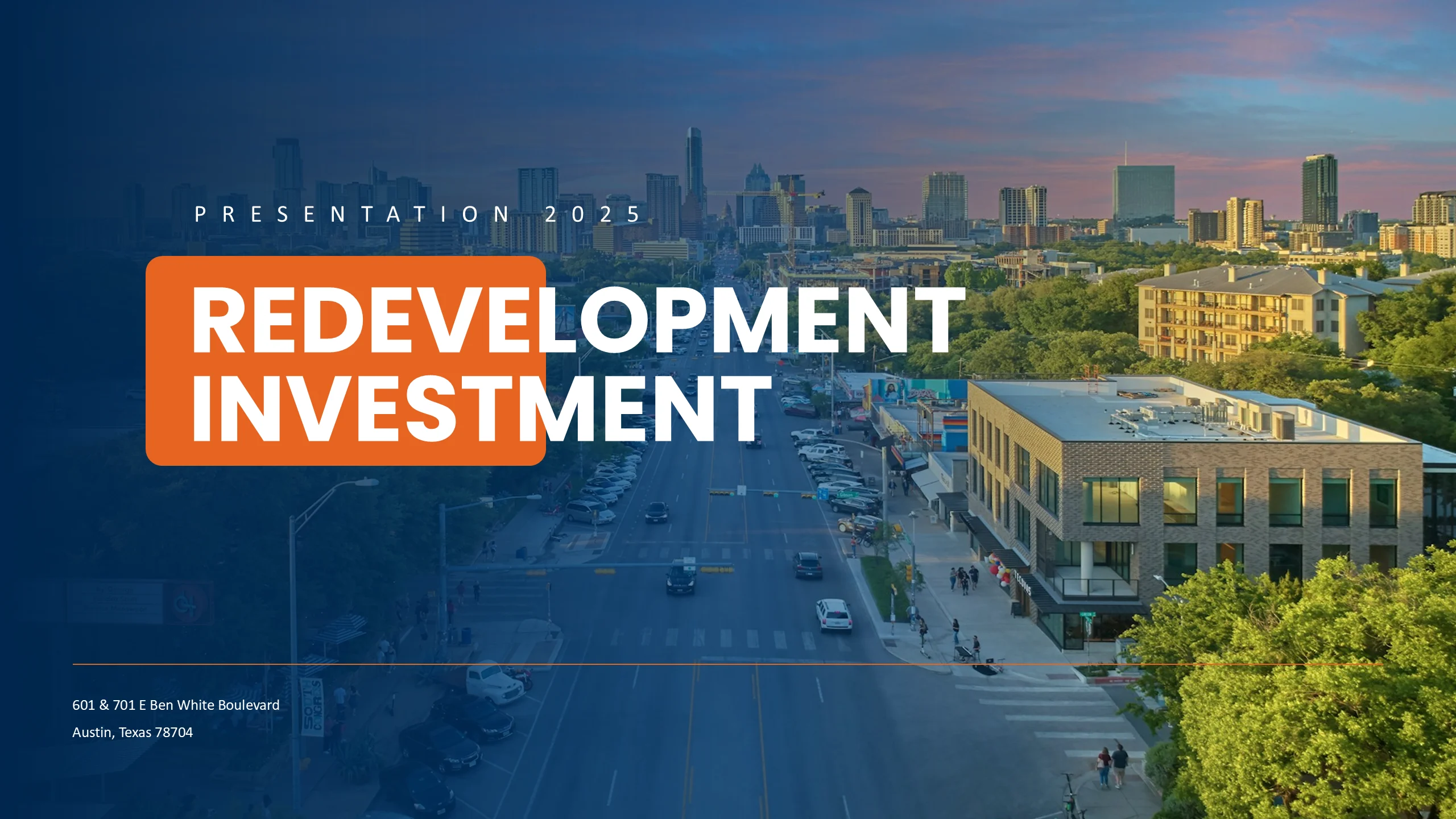 Cover slide for a redevelopment investment presentation with an aerial property photograph and blue-orange title treatment