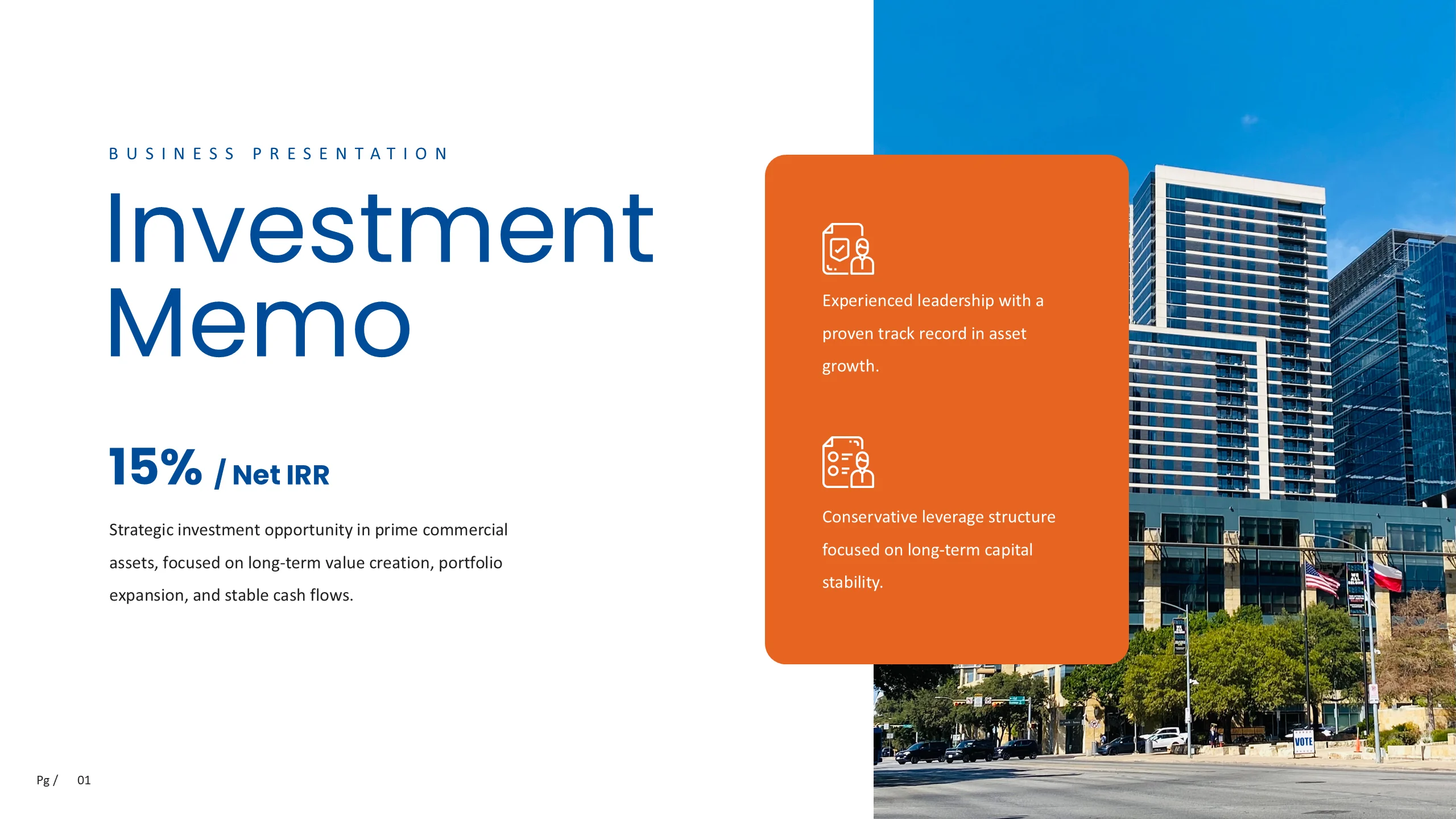 Investment memo introduction with return target, strategic investment summary, leadership notes, and commercial property photography