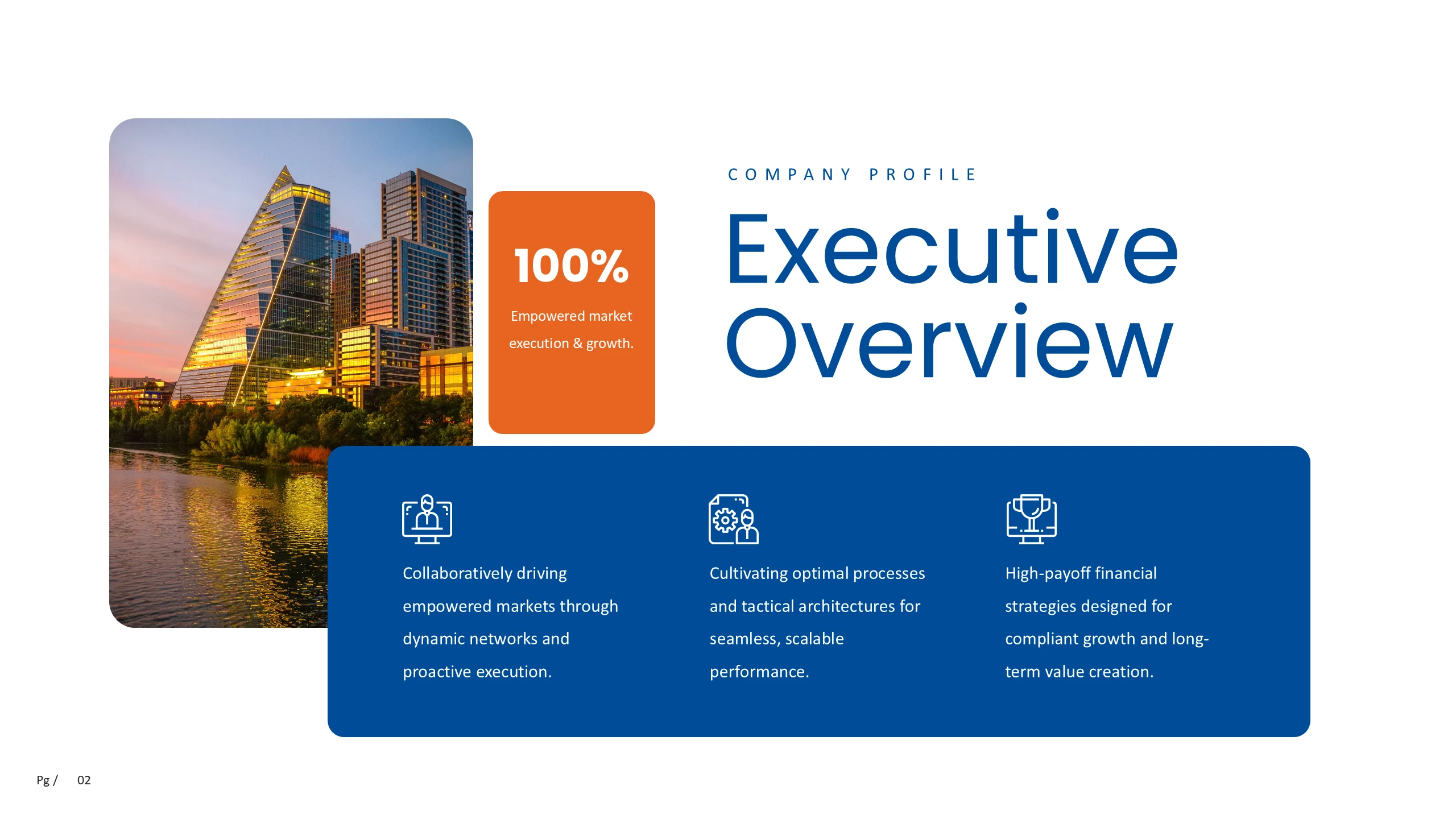 Executive overview combining city photography, company profile statements, and operating principles