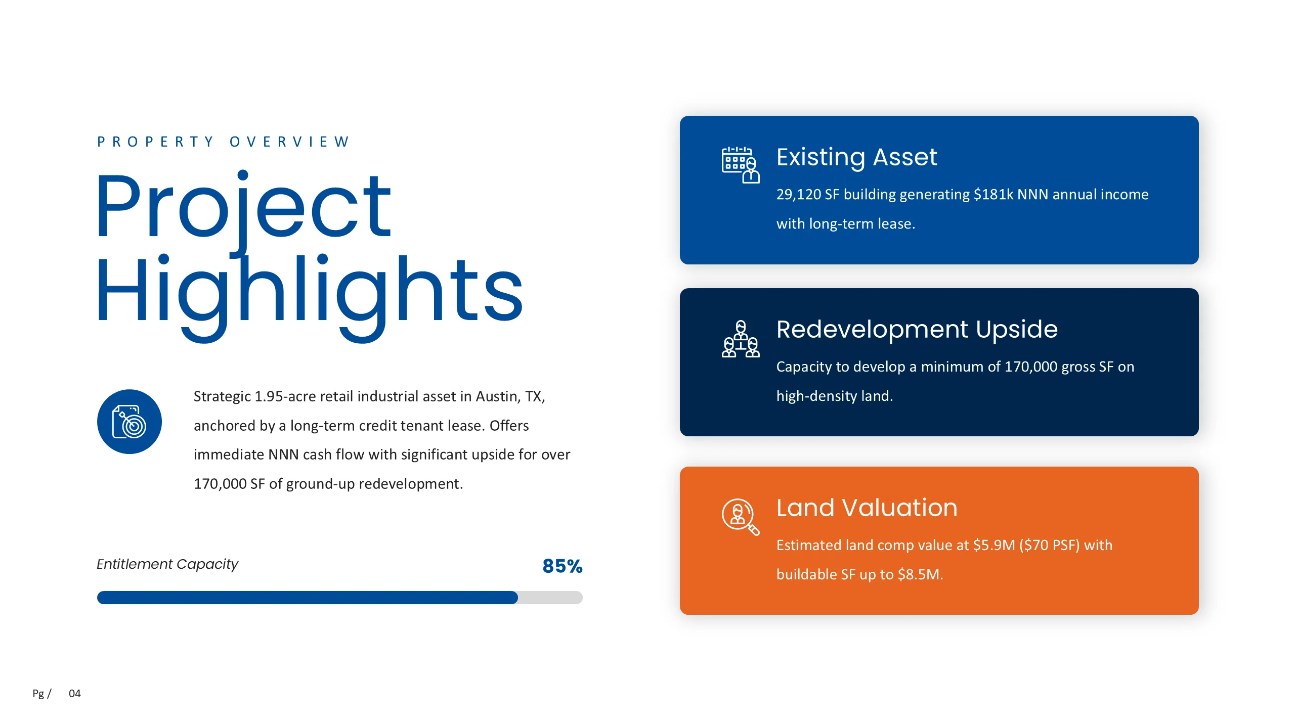 Project highlights outlining the existing asset, redevelopment upside, land valuation, and entitlement capacity