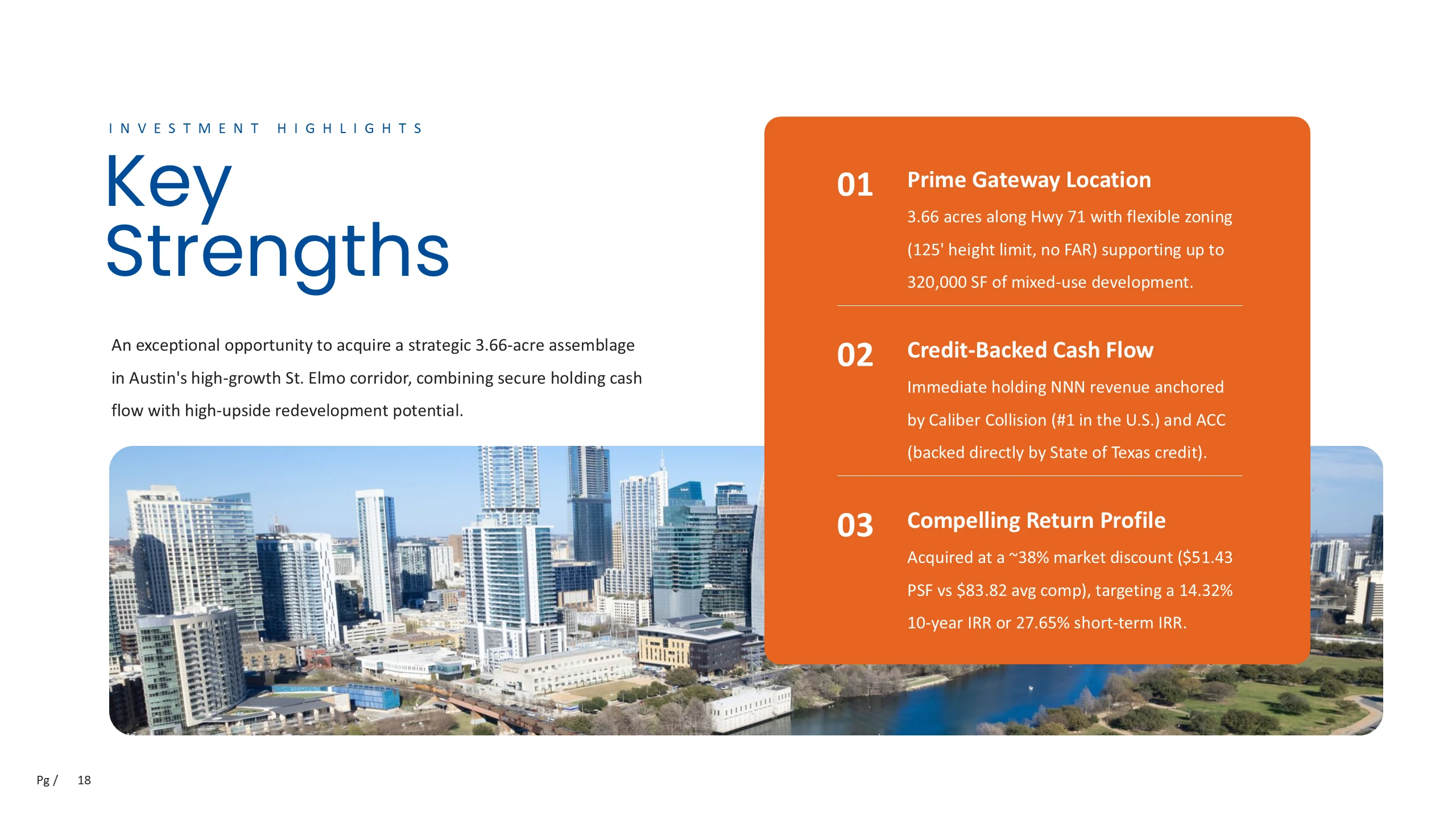 Key investment strengths over Austin photography with location, cash flow, and return profile highlights