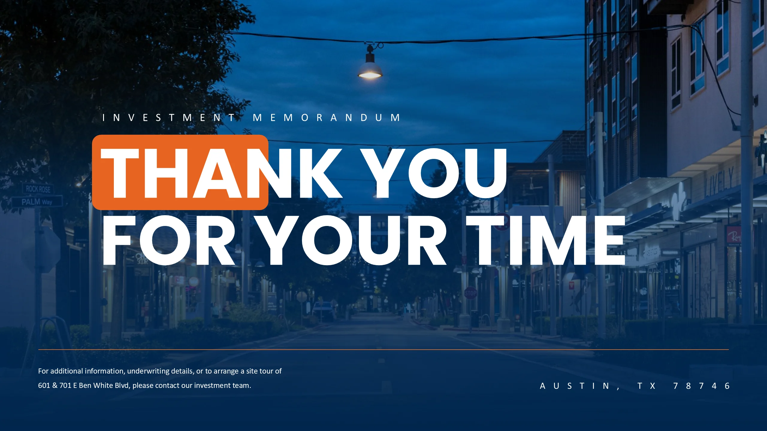Closing thank-you slide over a nighttime architectural photograph with a blue and orange title treatment