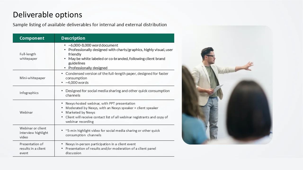 Source presentation slide with a dense deliverables table and supporting image